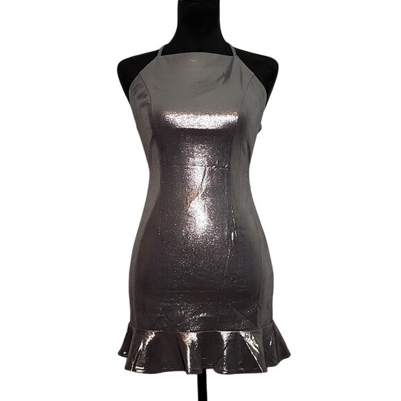 ABOUT US Silver Halter Open Back Mini Dress, Size XS - Picture 1 of 14